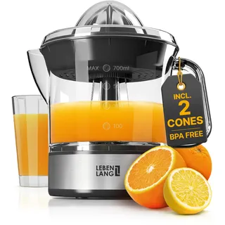 LEBENLANG Zitruspresse elektrisch - 2 Kegel & BPA-Frei I Hohe Saftausbeute I 700ml Orangenpresse elektrische Saftpresse Edelstahl für Zuhause I Entsafter Zitronenpresse Orangensaftpresse