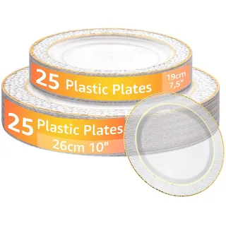 AKOLAFE 50 Transparent Plastikteller mit Goldrand, 2 Größen Mehrweg Kunststoffteller 19cm und 26cm Stabiles Plastik Teller Wiederverwendbare Platzteller für Hochzeiten, Party, Geburtstage, Weihnachten