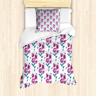 ABAKUHAUS Blume Mantele, Poppies Blätter Knospen, Milbensicher Allergiker geeignet mit Kissenbezügen, 135 cm x 200 cm - 80 x 80 cm, Fuchsia und Petrol Blau