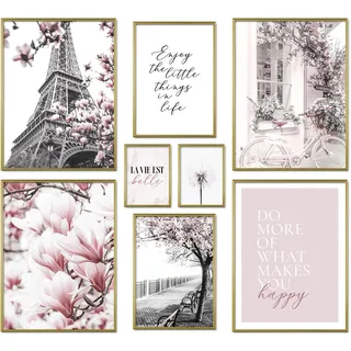ARTFAVES® Poster Set - SPRING IN PARIS - mehrteilige Wanddeko Wohnzimmer & Schlafzimmer - 8 moderne Wandbilder Frühling, schwarz weiß, rosa, Fashion - ohne Bilderrahmen
