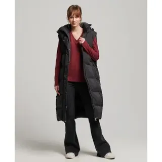Superdry für Damen. W5011641A Lange wattierte Weste mit Kapuze schwarz (S), Lässig, Recyceltes Polyester, Nachhaltig