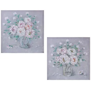 DRW Set von 2 Gemälden, 40% handbemalt, quadratisch, mit verschiedenen Blumen und mehreren Farben, 60 x 60 x 3 cm