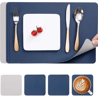 Myir JUN Tischsets Abwaschbar und Untersetzer, Platzset Leder Platzdeckchen Abwaschbar Doppelseitigen Tischsets Umkehrbares Tischset rutschfest Tischset Lederoptik (Hellgrau Blau, Satz von 4)