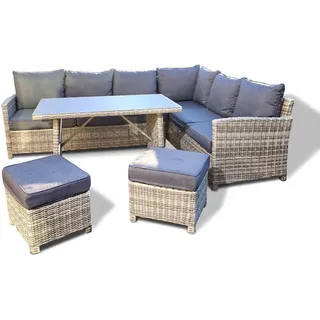HOME DELUXE - Polyrattan Sitzgruppe BAHIA- inkl. Hocker, Tisch mit Glasplatte und Sitzpolster I Loungemöbel, Outdoor Sofa, Garten- & Balkonmöbel - Grau