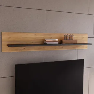 Forte JYTANA Wandregal 160, skandinavisches Wandregal mit Ablage, Holzwerkstoff, Mauvella Eiche Holzdekor/Schwarz, 160 cm breit x 29,6 cm hoch x 21,9 cm tief