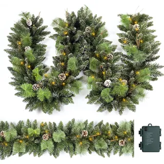HomeKaren Weihnachtsgirlande vorbeleuchtet 2.7M mit 50 LED-Lichtern, Tannenzapfen und Schneestil Weihnachtsgirlande, batteriebetriebene Weihnachtsdekoration für Manteltreppe Indoor Outdoor