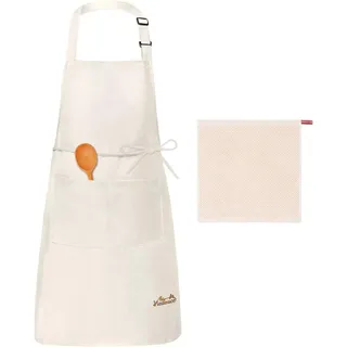 Viedouce Schürze, Wasserdicht Kochschürze mit Taschen, Verstellbarem Küchenschürze Grillschürze latzschürze für Frauen Männer Chef-Belastbar & Einfach zu Reinigen(1x Schürze Weiß+ 1 x Küchentuch)