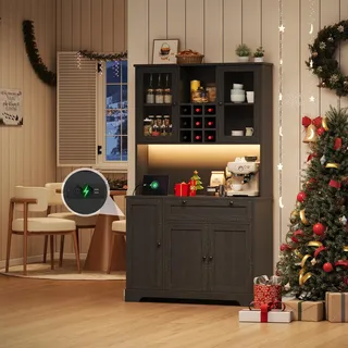 Ball & Cast Küchenschrank, Buffetschrank mit verstellbaren Einlegeböden, Steckdosen und Integrierter Beleuchtung, 105x40x180 cm, Schwarz