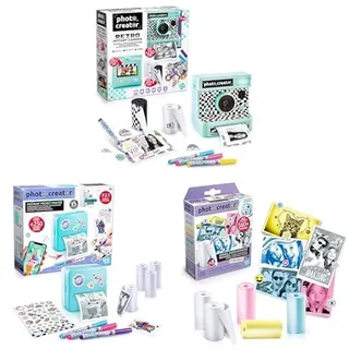 CANAL TOYS INSTANT Retro Kamera, Photo Creator CLK017- Taschendrucker-Set, Photo Creator CLK 016- Nachfüllset Thermopapier mit Aufklebern für Sofortbildkamera, farbiges Thermopapier
