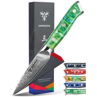 SANMUZUO Schälmesser Damastmesser 9 cm Klinge - Japanisches Obst und Gemüsemesser Officemesser - VG 10 Damaskus Stahl Küchenmesser mit Harzgriff - Xuan Serie(Smaragd Grün)