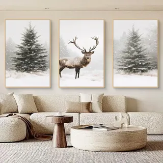 Ueiwffzo 3er Poster Set - Premium Elch Kiefer Leinwandbilder Winter Deko & Wand Bilder - Unverwechselbare Wanddeko für Wohn- und Schlafzimmer, ohne Rahmen (50 x 70 cm)