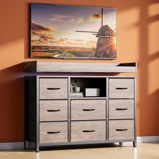 INONEFT Kommode mit 8 schubladen und 1 Offenes Feld, Sideboard mit LED Beleuchtung, Type-C und USB Anschlüsse, für Schlafzimmer und Wohnzimmer