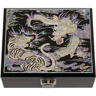 February Mountain Perlmutt Schmuckbox aus Holz mit Scharnierdeckel – handgefertigte schwarze Aufbewahrungsbox für Schmuck & Erinnerungsstücke – Heimdekoration (Tiger and Dragon)