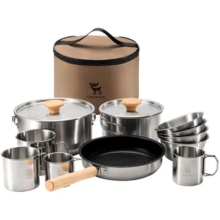 Qunature Camping Kochgeschirr Set, 11 Teilige Outdoor Kochset Campinggeschirr, Töpfe und Beschichtete Pfanne mit Schüsseln und Bechern, Platzsparend Stapelbar für Camping, Wandern, Edelstahl