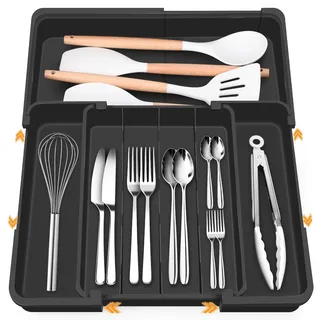 Euqvunn Multidirektional Erweiterbarer Besteckkasten für Schubladen, Besteckkasten mit 4-7 Einstellbaren Fächern, Ideal für die Aufbewahrung von Besteck und Küchenutensilien in der Küchenschublade