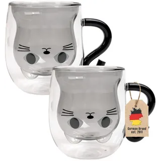 Intirilife Thermo Gläser Design Katze 200ml (2-tlg.) , Schwarz , Glas , 0.2 L , doppelwandig , Gläser, Gläsersets