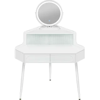 Eck-Schminktisch - Frisiertisch - Spiegel mit dimmbarer Beleuchtung - 2 Schubladen - E1 MDF + Eisenrahmen - 99 x 76/139 x 63 cm (B x H x T) - Ohne Hocker - Weiß