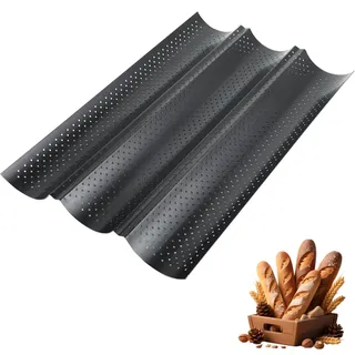 UQMIQURA Baguette Backform, Baguetteblech für 3 Baguettes, 38x25cm Baguette-Blech mit Antihaftbeschichtung, Baguette Backblech, Brot Backen Zubehör, Schwarz Baguetteform