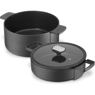 Berndes 035100 Double Round Kochgeschirrset, Kochtopf, 24 cm und Schmorkasserolle mit Glasdeckel, 24 cm, Schwarz