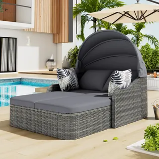 Merax Gartensofa für 2 Personen, Polyrattan verstellbar Gartenmöbel Set mit Sonnendach und Kissen, Gartenlounge Set Balkonmöbel Terrassenmöbel, Grau - Grau