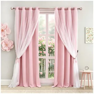SOFJAGETQ Verdunkelungsvorhänge-Set, doppellagig, stilvoll, Mix & Match Eleganz, weiß, Crushed Voile, Verdunkelungsvorhänge mit Raffhaltern, für Kinderzimmer, Schlafzimmer, 132,1 x 274,3 cm, Hellrosa