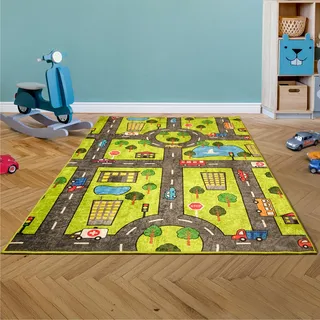 Bosdela Kinderteppich - und Babyteppiche – Vielfältige Designvariationen, waschbar, rutschfest, weich, ideal für Kinderzimmer & Spielzimmer 100x160 cm Grüne Stadt