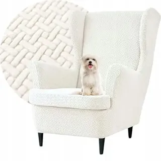 Domidekor Ohrensessel Überzug – Sesselschoner – Sesselbezug Stretch Creme - Strandmon Sessel Bezug – Sesselhusse Elastisch Jacquard Fischgrät Schmutzabweisend - Oeko-Tex 100