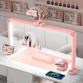 Adonafy Desktop Halbmondlampe für Nägel mit Handyhalter: 34" LED Halbmond Wimpern Lampe für Nageltechniker - 3 Farbmodi Und 10 Helligkeitsstufen Bogen Tischlampe für Maniküre (Rosa)