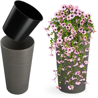 KADAX Pflanzkübel mit Innentopf Grau Ø 30 cm, Höhe 57.5 cm – Moderner Pflanztopf mit Einsatz, Blumentopf aus robuster Kunststoff für Innen- und Außenbereich, ideal für Wohnzimmer, Balkon, Büro