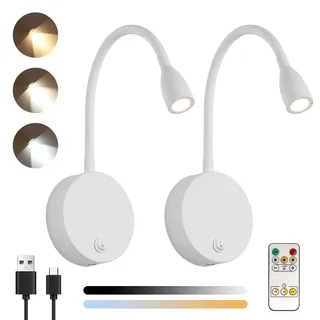 Klighten 2 Stück Leselampen Wand Kabellose Dimmbar mit Fernbedienung, Akku Bett Leseleuchte 2W LED Bettleuchte USB, Einstellbar Wandleselampen mit Aufladbare Batterie, 3000/4500/6000K, 200LM, Weiß