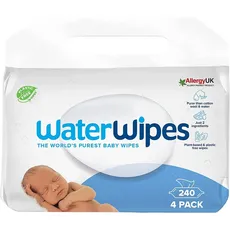 WaterWipes plastikfreie, originale Reinigungstücher für Babys, 240 Stück (4 Packungen), 99,9 % wasserbasierte Reingugnstücher, unparfümiert für empfindliche Haut