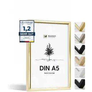 Heimlich® - Bilderrahmen - A5 14,8 x 21 cm, Aluminium, Metall, Gold – Diplom-Poster-Collage-Rahmen mit Folienabdeckung – Wandmontage oder Tischaufsteller