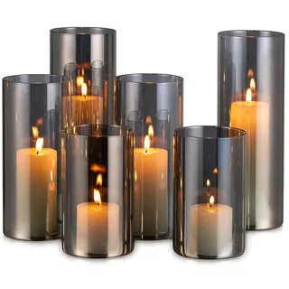 Hewory 6er Set Windlicht Glas Groß Schwarz Deko Wohnzimmer Modern Ø 8,5cm | H. 14/19/24cm, Hitzefest, Windlichter Tischdeko Set für Garten Terrassen, Kerzengläser Outdoor Glaszylinder für Kerzen