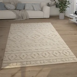 Paco Home Hochflor Teppich Wohnzimmer Shaggy 3D Optik Ethno Boho Vintage Look Weich, Grösse:160x220 cm, Farbe:Creme 6