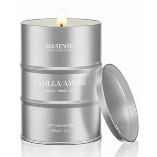 M&SENSE Vanille Bernstein Duftkerzen im Glas große Kerze Bio Sojawchskerzen sauber ungiftig 600g 120 Stunden lang anhaltende Brennen stark duftende Aromatherapie Kerzen Housewarming Geschenke