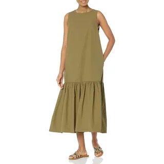 The Drop Damen Maxikleid Ilana, Ärmellos, Lockerer Schnitt, Weiter Saum, Popeline, Capers Olive, L