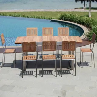 Teako Design Designer Gartenmöbel Set "Aviolo" - Ausziehbarer Teakholz-Tisch 240-350cm + 8 Stapelstühle - Wetterfest & Langlebig