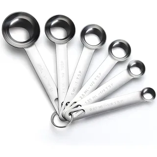 6-teiliges Messlöffel-Set Edelstahl runder robuster Spiegel, poliert 1/8 TSP, 1/4 TSP, 1/2 TSP, 1 TSP, 1/2 TBLS & 1 TBLS Messlöffel zum Backen von Speisen Silber