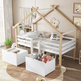 STILVORA 90x200 Hochbett mit Dach und Zaun,Kinderbett mit Rollen-schließfächer und Treppe,Jugendbett mit Rausfallschutz,ohne Matratze,Weiß