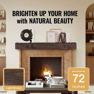 SucceBuy Kaminsims, 72" x 8" x 5", hält bis zu 50 lbs, Kaminsims aus Naturholz für über dem Kamin, schwebendes Bauernhausregal zur Wandmontage, handgefertigtes hellbraunes Dekor - Hellbraun