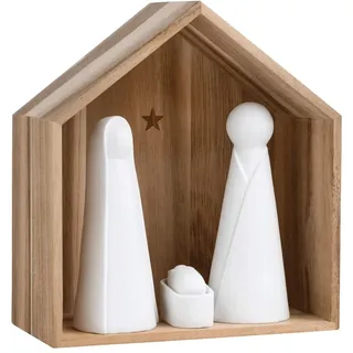 Räder Große Krippe mit 3 Figuren aus Porzellan und einem Haus aus Akazienholz in der Größe 18,5x20,5x9,5cm, 90042