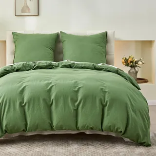 Simple&Opulence Halbleinen Bettwäsche 135x200, Atmungsaktiver Bettbezug Set aus Baumwolle und Leinen mit 80x80 cm Kissenbezug,Oeko-TEX Sommerbettwäsche,Grün