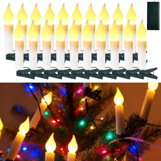 MOLVCE 2m 20stk LED Weihnachtsbaumkerzen Warmweiße, Batteriebetriebene Flammenlose Flackern Weihnachtskerzen mit Timer und Batteriebox, Christbaumkerzen Lichterkette LED Kerzenform