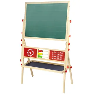 Idena 20177 - Magnetstandtafel für Kinder, 2-seitig mit Ablage, Abacus und Uhr, Kreidetafel und Magnettafel aus FSC Holz, ca. 76 x 38 x 118 cm