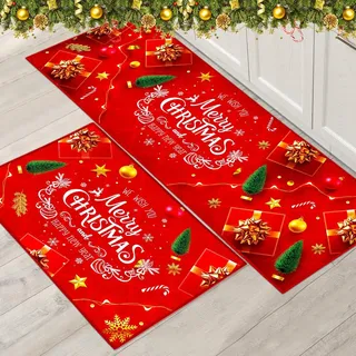 PORJDN Weihnachtsteppich Set Weihnachten Innenboden Roter Teppich, Xmas Türmatte Läufer Teppichmatte für Küche Heimdekor Waschbare Läufer. (Style B, 43x150+43x75cm)