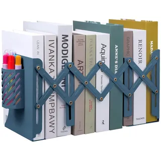 MSDADA Buchstützen Verstellbar Erweiterbar Metall Retractable Book End, Buchständer Zeitschriftenordner rutschfeste Bücherhalter Mit Abnehmbarem Stifthalter für Küche Büro Schule Bibliothek(Blau)