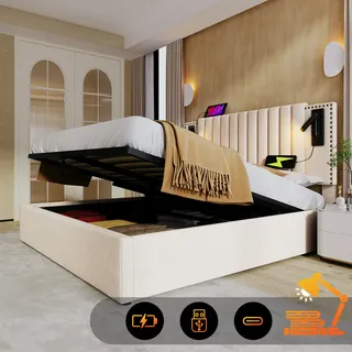 Sweiko Polsterbett 160x200,Doppelbett Stauraum Bettkasten ,Leselicht mit USB Ladefunktion Kopfteil,Rückenlehne mit Nietendesign,Bett mit Lattenrost und Bettkasten, Baumwolle, Beige(Ohne Matratze) - Beige