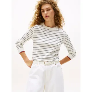 Rundhalspullover TOMMY HILFIGER "CO JERSEY STITCH LS C-NK SWT", Damen, Gr. XL (42), beige (ivory silk, schwarz night navy fine stp), Strick, Obermaterial: 67% Baumwolle, 33% Polyamid, gestreift, normal hüftlang, Rundhals, Bündchen, Pullover Rundhalspullover, mit Logostickerei