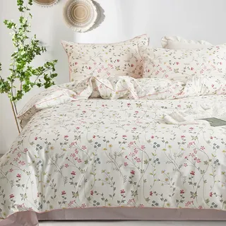 Freyamy Blumen Bettwäsche 200x200cm 3teilig Baumwolle Beige Rosa Bunt Floral Blätter Pflanzen Bettwäsche Blumenmuster Mädchen Bettbezug mit Reißverschluss und 2 Kissenbezug 80x80cm