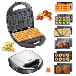 OKYUK 750W Sandwichmaker mit 6 wechselbaren Platten, Sandwichtoaster & Waffeleisen mit Antihaftbeschichtung für Frühstück, Panini und Grillen